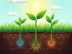 Corte transversal de solo fértil mostrando raízes absorvendo os nutrientes NPK — Nitrogênio, Fósforo e Potássio — representados por partículas coloridas, com plantas verdes e saudáveis crescendo acima da terra.