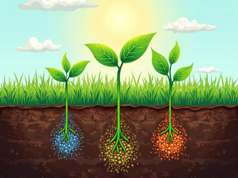 Corte transversal de solo fértil mostrando raízes absorvendo os nutrientes NPK — Nitrogênio, Fósforo e Potássio — representados por partículas coloridas, com plantas verdes e saudáveis crescendo acima da terra.